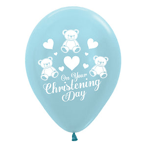 Sempertex 30cm On Your Christening Day Satin Pearl Blue Latex Balloons, 25PK Pack of 25