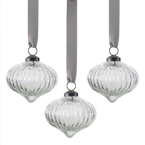 White Christmas Ribbed Glass Tree Decorations Pack of 3