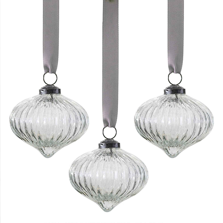 White Christmas Ribbed Glass Tree Decorations Pack of 3