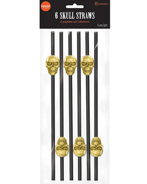 Black and Metallic Gold Skull Straws Pack of 6