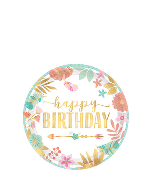 Boho Birthday Girl Happy Birthday 17cm Round Metallic Plates Pack of 8