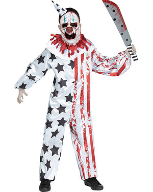 Image of boy wearing creepy clown jumpsuit with black stars and red stripes.