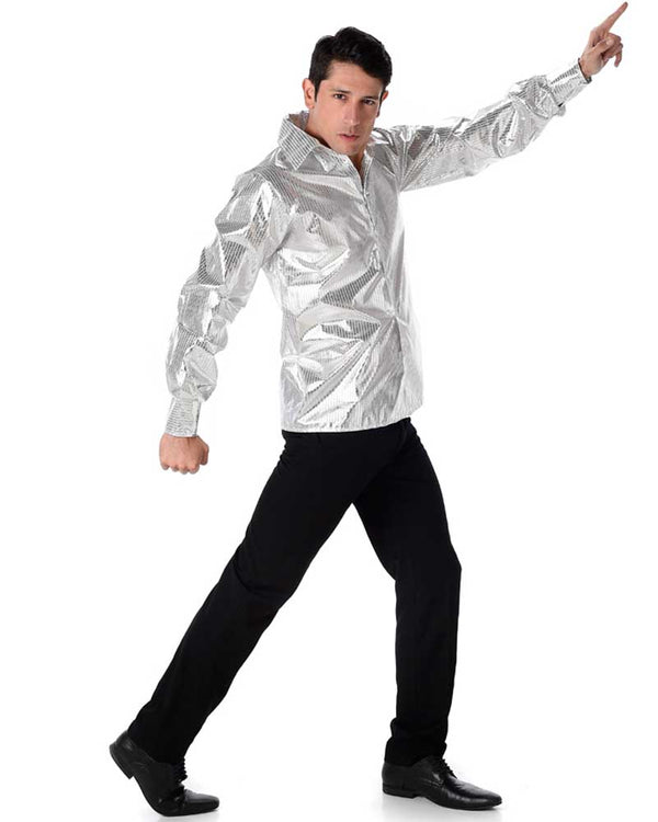 70s Disco Sequined Silver Mens Shirt