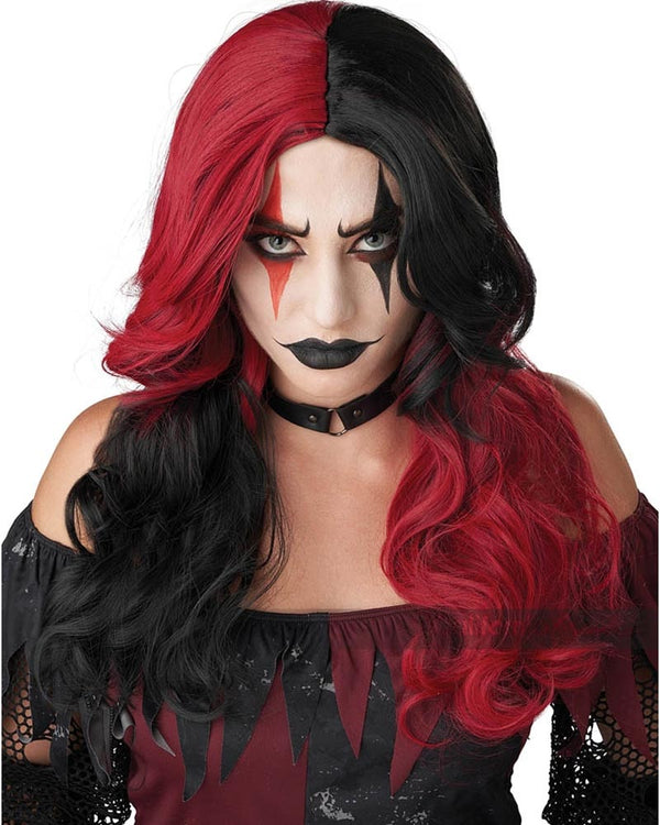 Evil Jester Long Red and Black Wig