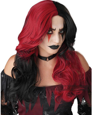 Evil Jester Long Red and Black Wig