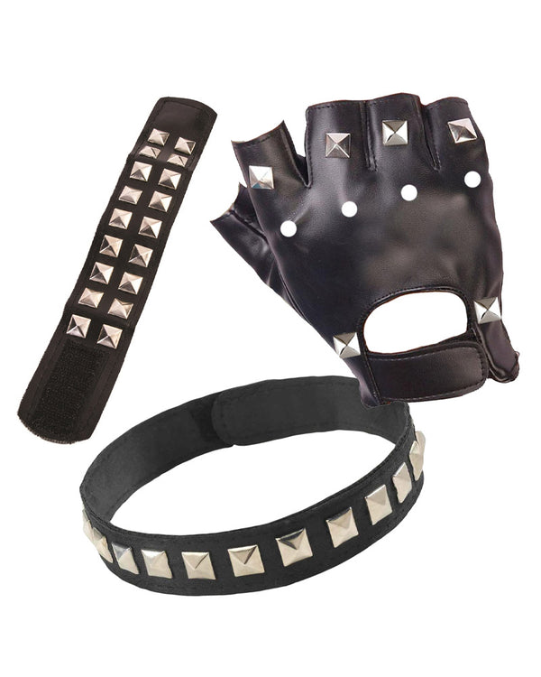 80s Gloves Choker and Wrist Cuff Punk Set