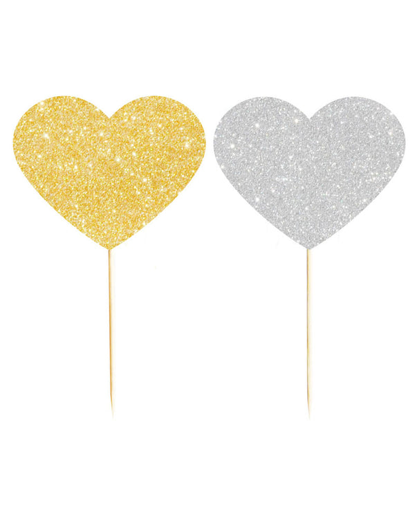 Gold and Silver Hearts Reversible Cupcake Topper Pack of 12