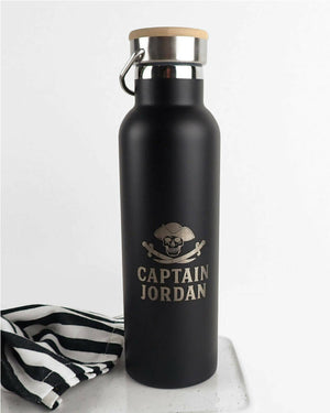 Pirate Skull and Crossbones Black Personalised Engraved 650ml Wooden Lid Water Bottle