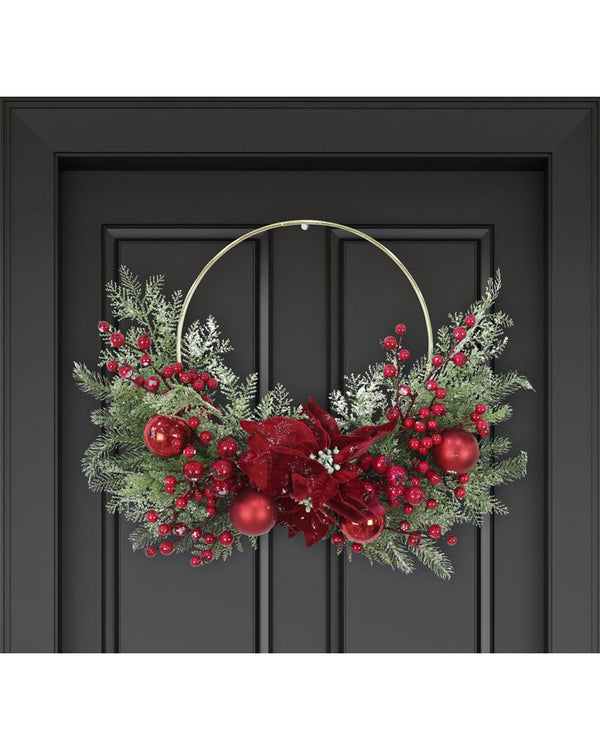 Christmas Icy Pine Poinsettia Half Wreath 60cm