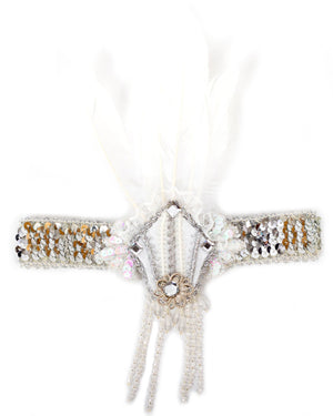 Gold and silver sequin headband with beaded applique and feather detail.