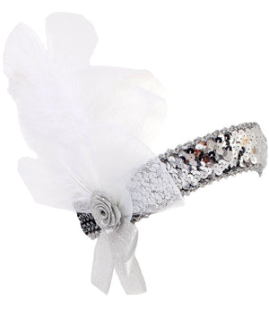 20s Silver Flower with White Ribbon Flapper Headband