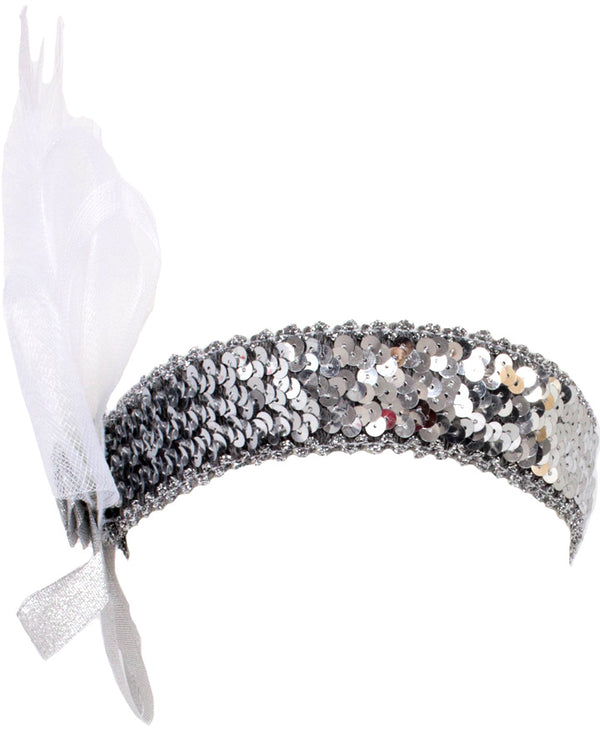 Silver sequin headband with white feather.