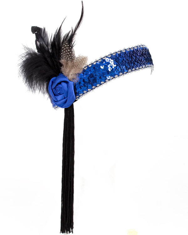 20s Blue Flower and Black Tassle Flapper Headband