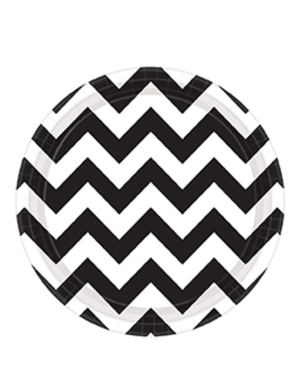 Jet Black Chevron 23cm Round Paper Plate Pack of 8