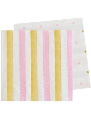 Gold and Pink Stripe and Dots 17cm Lunch Napkins Pack of 20