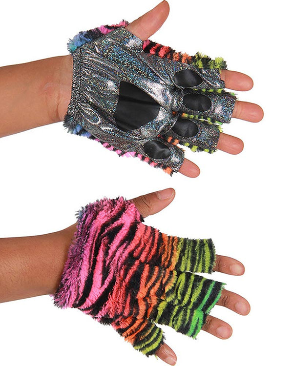 Neon Rainbow Tiger Fingerless Paw Kids Gloves