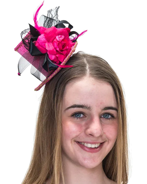 Pink and Black Flower Clip on Top Hat