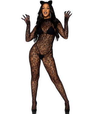 Seamless Leopard Net Gloved Catsuit