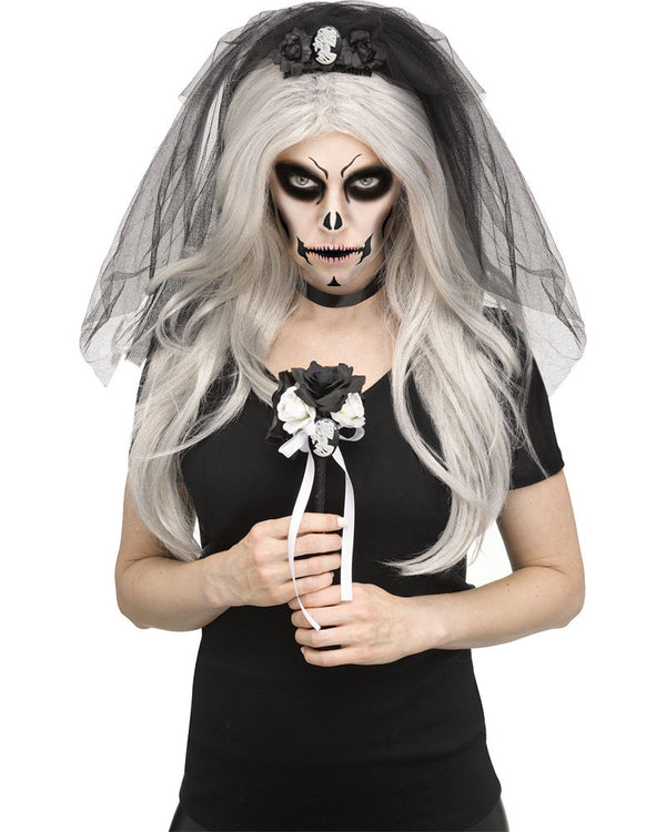 Skull Bride Veil Comb Mouth Tattoo Choker and Bouquet Set