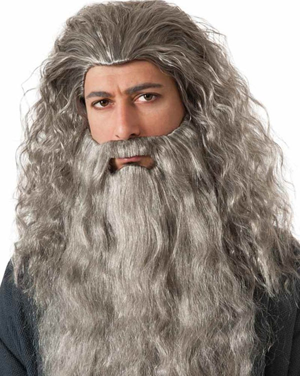 Image of man wearing grey the Hobbit Gandalf wig and beard.