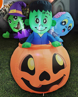 Three Characters on Pumpkin Lawn Inflatable 1.5m